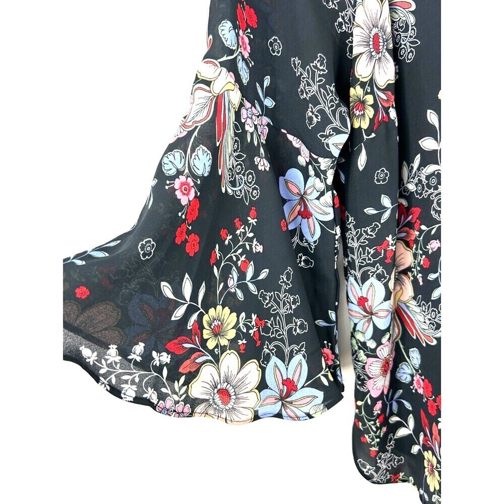 Zac & Rachel Womens Black Floral Round Neck Bell Sleeve Sheer Blouse PL 1140U4 - Picture 9 of 12
